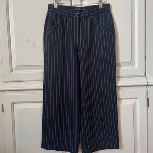 Eileen Fisher women’s navy blue white pin stripe wide leg stretch waist pants SP